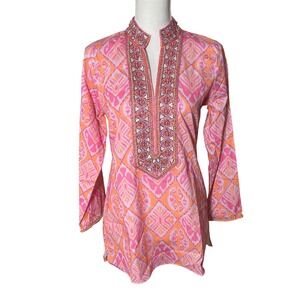 Bella Tu Pink Orange Ikat Beaded Embellished Tunic Top Small Resortwear NWT
